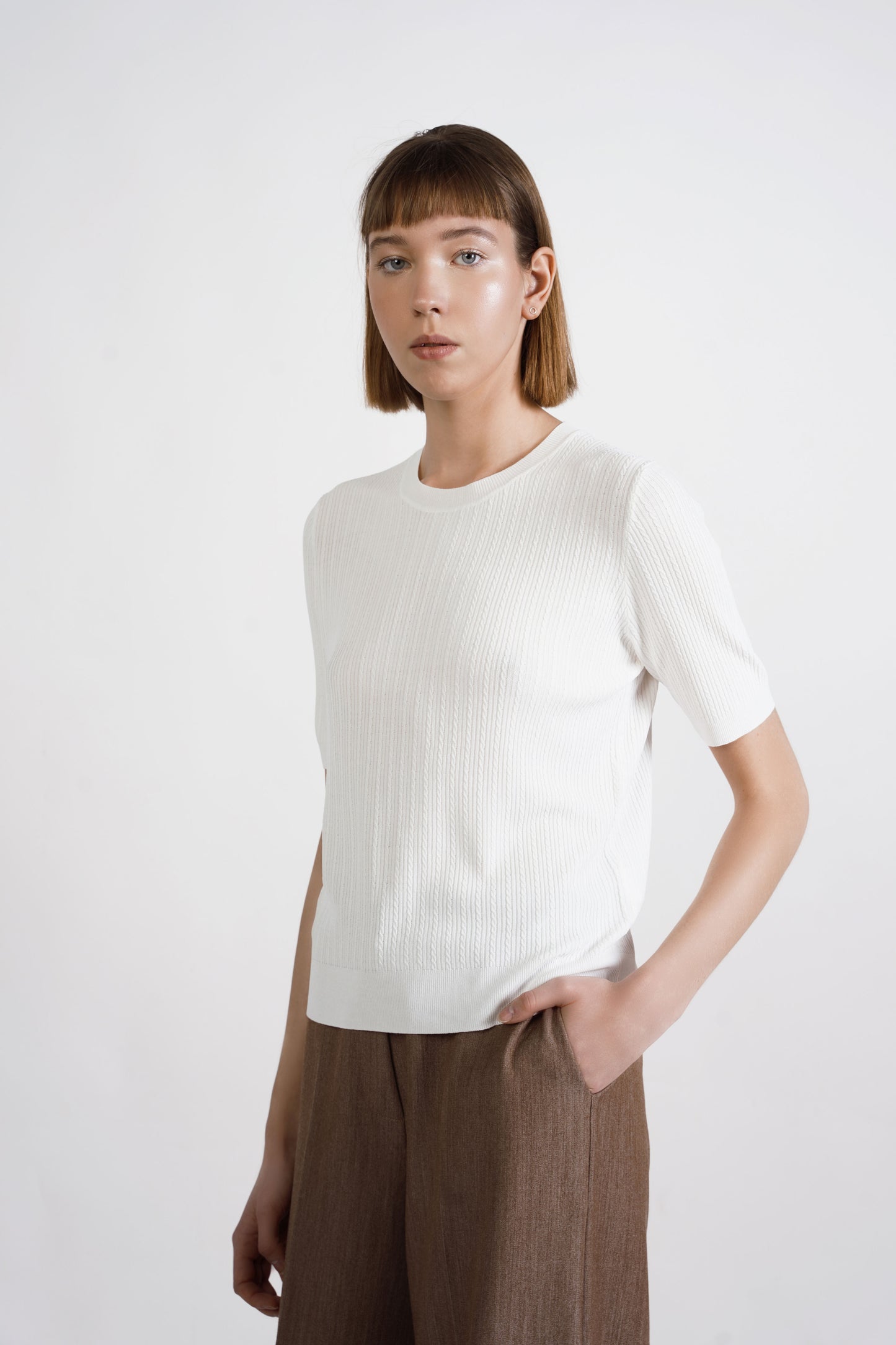 
                  
                    Short sleeve cable-knit t-shirt
                  
                